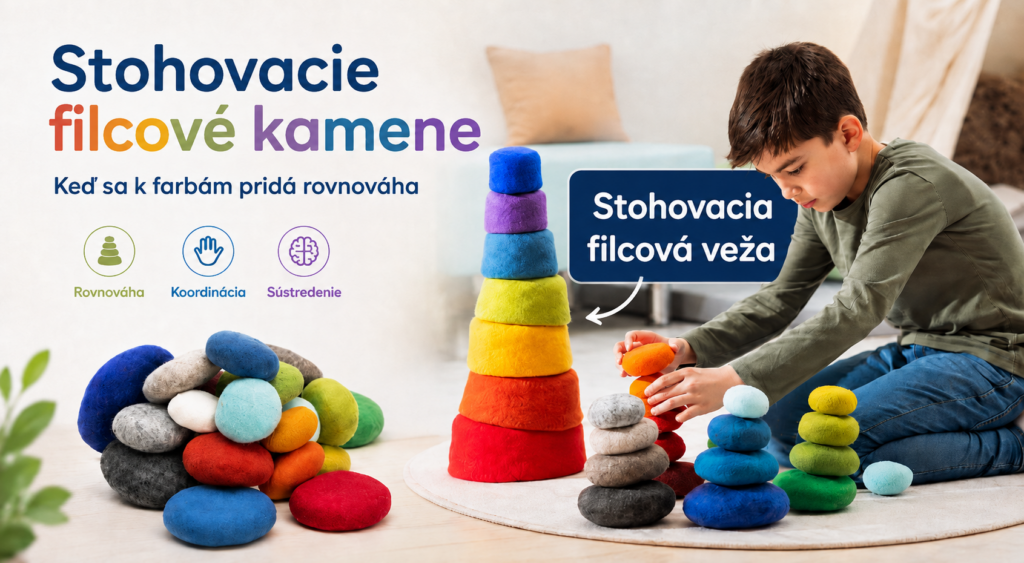 Montessori hra so stohovacími filcovými kameňmi a filcovou vežou