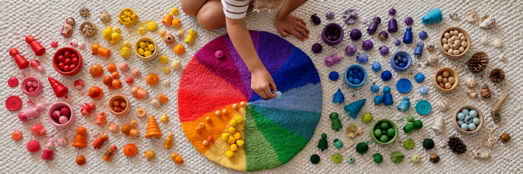 Montessori triedenie farieb s farebnými predmetmi na plstenom kruhu
