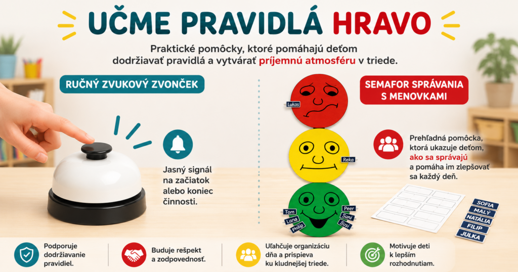 Ručný zvukový zvonček a semafor správania s menovkami ako pomôcky na pravidlá triedy v materskej škole.