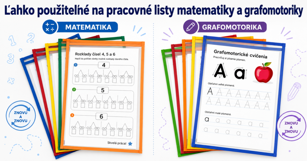 Pracovné listy matematiky a grafomotoriky v popisovateľných obaloch na opakované použitie