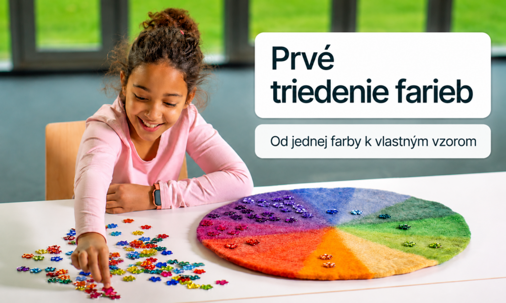 Dievča triedi farebné dieliky na plstenej dúhovej podložke