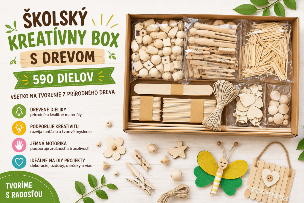 Školský kreatívny box s drevenými dielikmi na DIY tvorenie – 590 dielov