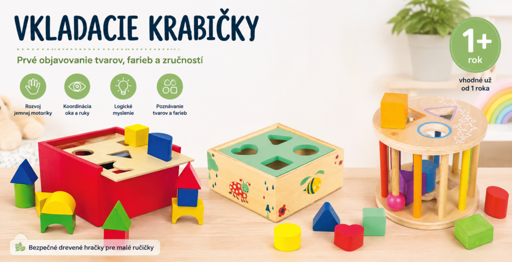 Drevené vkladacie krabičky pre deti od 1 roka na rozvoj jemnej motoriky, koordinácie oka a ruky, logického myslenia a poznávania tvarov.